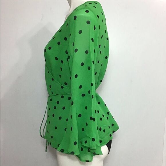 Ganni Dainty Georgette Wrap Tie Waist Emerald Green Wrap Blouse New Size 38 - Picture 5 of 10